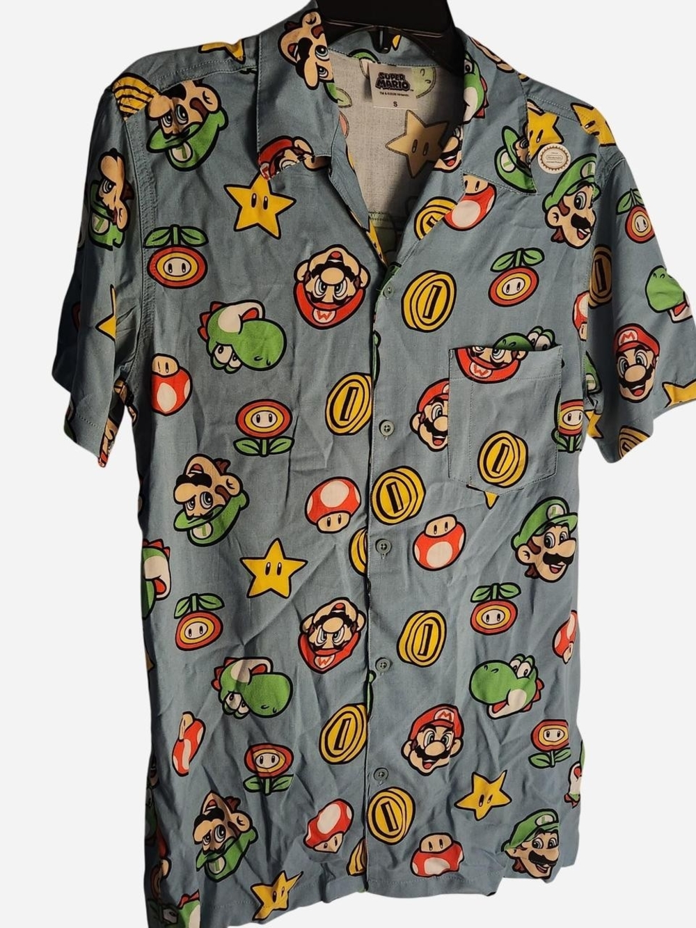 Nintendo Gray Short-Sleeve Button-Up Shirt with Super Mario Icons